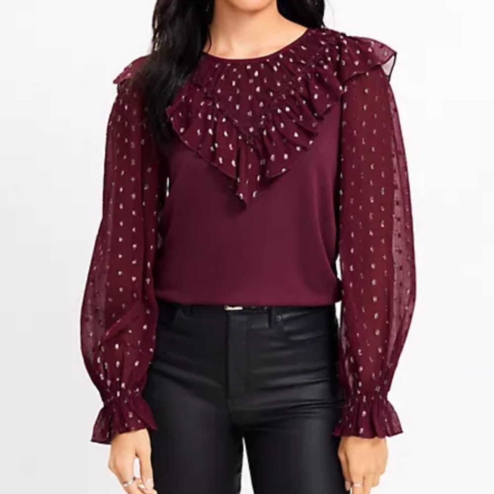 LOFT shimmer dotted ruffle yoke mixed media top